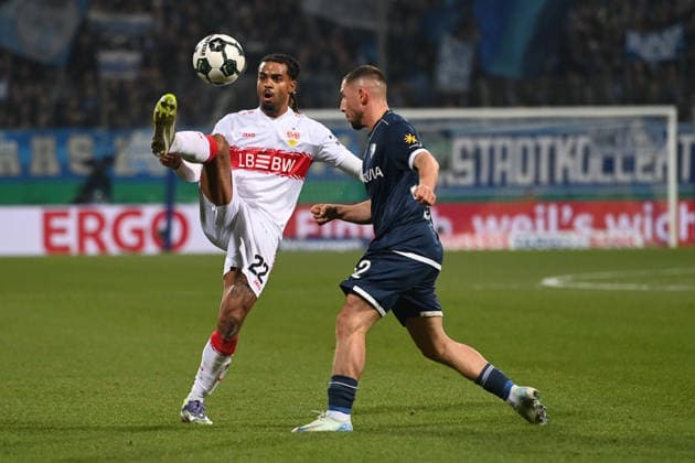 Lorenz ASSIGNON S vs Maximilian WITTEK BO Action, duel,Lorenz ASSIGNON S vs Maximilian WITTEK BO Action, duel, Football, DFB Pokal, Round of 16, Round of 16, VfL Bochum BO VfB Stuttgart S 0 2 am 03 12 2025, Vonovia Ruhrstadion Bochum Germany DFL regulations prohibit any use of photographs as image sequences and or quasi video Â