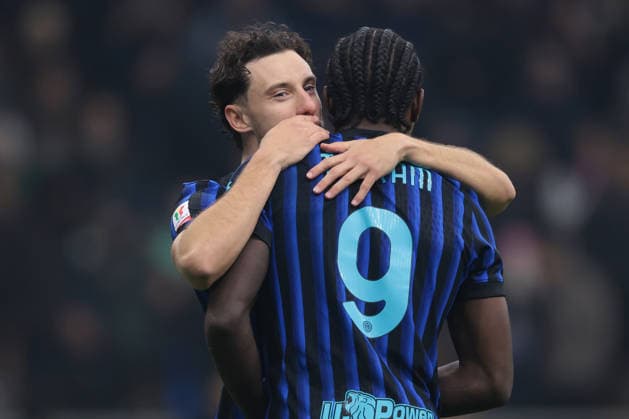 Milan, Italy, 3rd December 2025. Marcus Thuram of FC Internazionale celebrates with team mate Carlos Augusto after scoring his second goal to give the hosts a 4-0 lead during the Internazionale vs Venezia Coppa Italia match at Giuseppe Meazza, Milan. Picture credit should read: Jonathan Moscrop Sportimage EDITORIAL USE ONLY. No use with unauthorised audio, video, data, fixture lists, club league logos or live services. Online in-match use limited to 120 images, no video emulation. No use in betting, games or single club league player publications. SPI_119_JM_INTER_VENEZIA_CI SPI-4321-0118