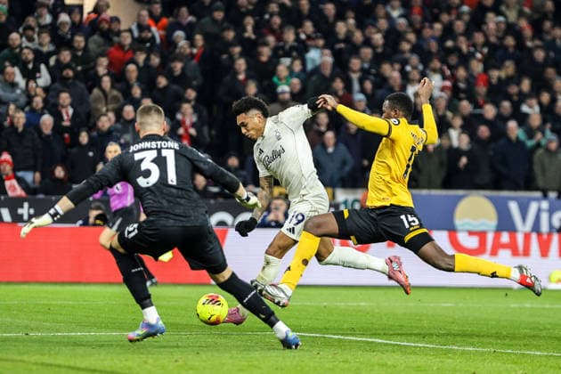Igor Jesus (19 Nottingham Forest) shot is blocked during the Premier League football match between Wolverhampton Wanderers and Nottingham Forest at Molineux stadium in Wolverhampton, England Copyright: xNataliexMincher SPPx Sportspressphoto_SPR69652