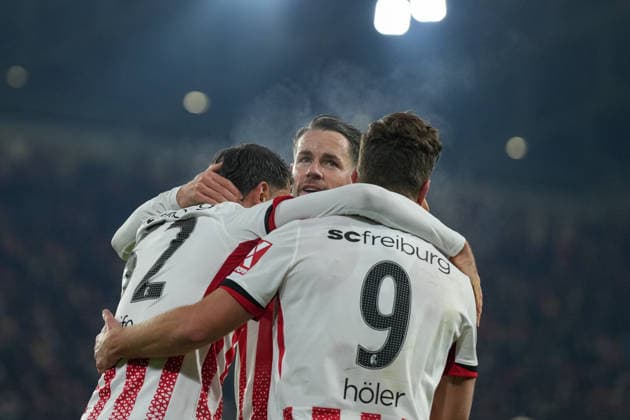Vincenzo Grifo SC Freiburg, 32 , Christian Günter Christian Guenter SC Freiburg, 30 , Lucas Höler Lucas Hoeler SC Freiburg, 09 Goal celebration, emotions, goal shot, finish, goal success, goal, goal , soccer, round of 16, DFB Pokal, 2025 26, SC Freiburg vs SV Darmstadt 98, 03 12 2025, Europa Park Stadion, Freiburg, Germany DFB REGULATIONS PROHIBIT ANY USE OF PHOTOGRAPHS AS IMAGE SEQUENCES AND OR QUASI VIDEO Freiburg Europa Park Stadion Baden Württemberg Germany Copyright: xArnexAmbergx