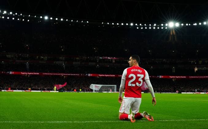 Mikel Merino of Arsenal celebrates scoring the opening goal Arsenal v Brentford, Premier League, Football, Emirates Stadium, London, UK - 03 Dec 2025London Emirates Stadium United Kingdom EDITORIAL USE ONLY No use with unauthorised audio, video, data, fixture lists, club league logos or live services. Online in-match use limited to 120 images, no video emulation. No use in betting, games or single club league player publications.  Copyright: xJavierxGarcia Shutterstockx 16006081bk