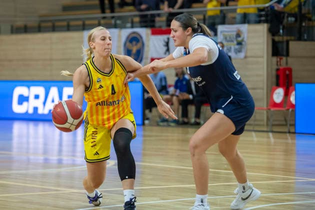 Toyota DBBL Cup Round of 16 2025 2026 Syntainics MBC vs Alba Berlin Halle Saale, Germany 03 December 2025 In the picture from left Marie Bertholdt Berlin and Alexia Allesch Halle Halle Saale swh Arena Sachsen Anhalt Germany