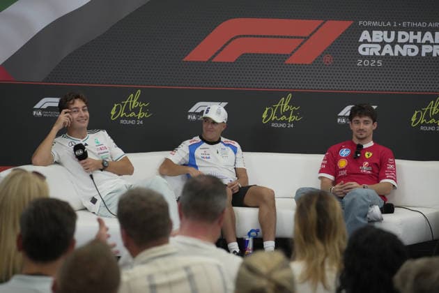 Formula 1 Etihad Airways Abu Dhabi Grand Prix 2025 04 12 2025, Yas Marina Circuit, Abu Dhabi, Formula 1 Etihad Airways Abu Dhabi Grand Prix 2025 , pictured George Russell GBR , Mercedes AMG Petronas Formula One Team, Isack Hadjar FRA , Visa Cash App RB Formula One Team, Charles Leclerc MCO , Scuderia Ferrari HP nordphotoxGmbHx xBratic nph00250