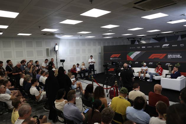 04 12 2025, Yas Marina Circuit, Abu Dhabi, Formula 1 Etihad Airways Abu Dhabi Grand Prix 2025 , pictured George Russell GBR , Mercedes AMG Petronas Formula One Team, Isack Hadjar FRA , Visa Cash App RB Formula One Team, Charles Leclerc MCO , Scuderia Ferrari HP Photo by Alessandro Martellotta Hasan Bratic DeFodi Images