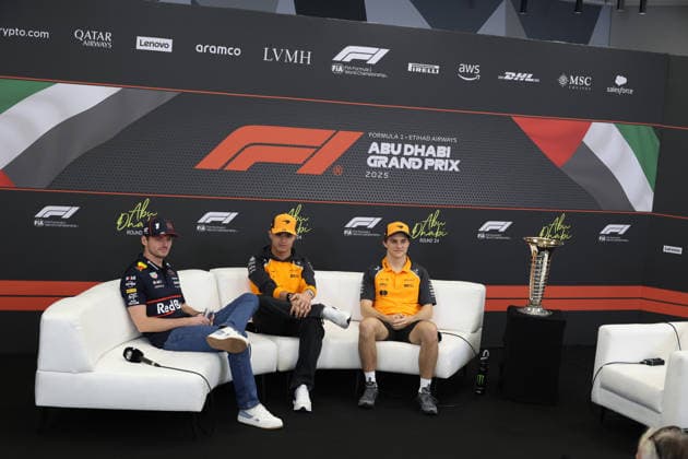 04 12 2025, Yas Marina Circuit, Abu Dhabi, Formula 1 Etihad Airways Abu Dhabi Grand Prix 2025 , pictured Charles Leclerc MCO , Scuderia Ferrari HPMax Verstappen NLD , Oracle Red Bull Racing, Lando Norris GBR , McLaren F1 Team, Oscar Piastri AUS Photo by Alessandro Martellotta Hasan Bratic DeFodi Images