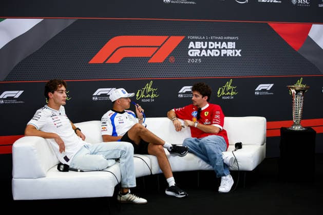 Charles Leclerc of Monaco and Scuderia Ferrari, Isack Hadjar of France and Visa Cash App RB, George Russell of Great Britain and Mercedes AMG Petronas F1 Team , Previews, F1 Grand Prix of Abu Dhabi, on 04 December 2025 in Abu Dhabi, United Arab Emirates Photo by Diogo Cardoso DeFodi Images Charles Leclerc of Monaco and Scuderia Ferrari, Isack Hadjar of France and Visa Cash App RB, George Russell of Great Britain and Mercedes AMG Petronas F1 Team , Previews, F1 Grand Prix of Abu Dhabi, Yas Marina Circuit on December 4, 2025 in Abu Dhabi, United Arab Emirates Photo by Diogo Cardoso DeFodi Images
