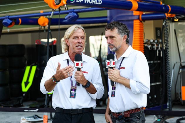 F1 - ABU DHABI GRAND PRIX 2025 Juan Fossaroli and FABREGA Albert (spa), TV presenters of ESPN, during the 2025 Formula 1 Abu Dhabi Grand Prix, 24th round of the 2025 FIA Formula One World Championship, WM, Weltmeisterschaft from December 05 to 07, 2025 on the Yas Marina Circuit, in Abu Dhabi, United Arab Emirates - Abu DhabiUnited Arab Emirates  Copyright: xFLORENTxGOODENx