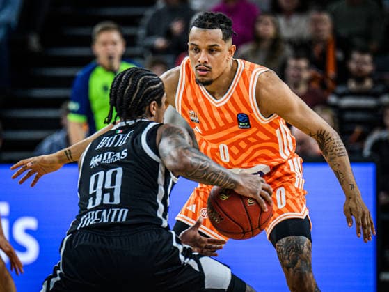Khalif Battle Dolomiti Energia Trento and Nelson Weidemann ratiopharm ulm battle for the ball during the Basketball Eurocup match between ratiopharm ulm and Dolomiti Energia Trento at ratiopharm Arena on December 4, 2025 in Neu Ulm, Germany Photo by Harry Langer DeFodi Images