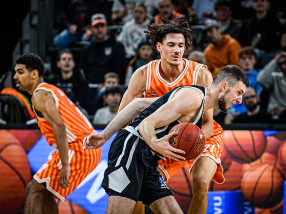 Matas Jogela Dolomiti Energia Trento and Alec Anigbata ratiopharm ulm battle for the ball during the Basketball Eurocup match between ratiopharm ulm and Dolomiti Energia Trento at ratiopharm Arena on December 4, 2025 in Neu Ulm, Germany Photo by Harry Langer DeFodi Images