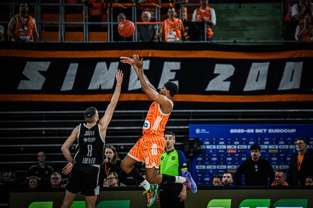 Matas Jogela Dolomiti Energia Trento and Justin Simon ratiopharm ulm battle for the ball during the Basketball Eurocup match between ratiopharm ulm and Dolomiti Energia Trento at ratiopharm Arena on December 4, 2025 in Neu Ulm, Germany Photo by Harry Langer DeFodi Images