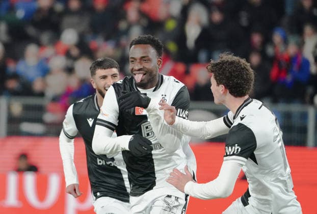 04 12 2025 Basel Switzerland Soccer Men Season 2025 2026 Cup FC Basel FC Grand Saconnex Picture Goal celebration Goalkeeper Philip Otele FC Basel Action Cheering