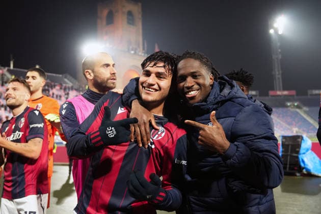 Bologna s Santiago Castro and Bologna s Jonathan Rowe celebrate the victory at the end of the round of 16 Frecciarossa Italian Cup 2025 2026 soccer match between Bologna and Parma at Renato DallÕAra Stadium in Bologna, North Italy, Thursday, December 4, 2025. Soccer  Copyright: xMassimoxPaolone LaPressex