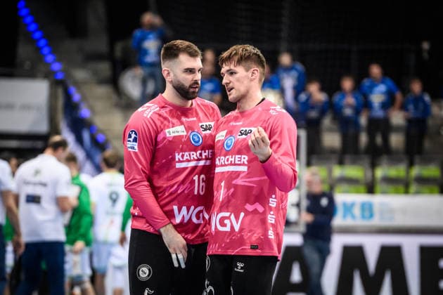 Miljan Vujovic TVB Stuttgart, 16 and new in the team Luka Krnokapic TVB Stuttgart, 01 , re Goalkeeper team of TVB Stuttgart GER, TVB 1898 Stuttgart HSG Wetzlar, DAIKIN HBL, Handball, Bundesliga, 11 Matchday, Season 2025 2026, 04 12 2025 GER, TVB 1898 Stuttgart HSG Wetzlar, DAIKIN HBL, Handball, Bundesliga, 11 Matchday, Season 2025 2026, 04 12 2025 Stuttgart Copyright: xSandyxDinkelackerx EP_SDR