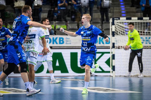 Torben Matzken TVB Stuttgart, 22 goal celebration GER, TVB 1898 Stuttgart HSG Wetzlar, DAIKIN HBL, Handball, Bundesliga, Matchday 11, Season 2025 2026, 04 12 2025 GER, TVB 1898 Stuttgart HSG Wetzlar, DAIKIN HBL, Handball, Bundesliga, Matchday 11, Season 2025 2026, 04 12 2025 Stuttgart Copyright: xSandyxDinkelackerx EP_SDR