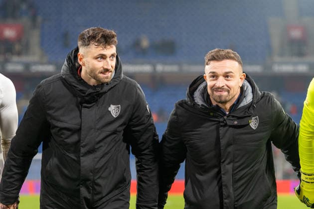 04 12 2025, Basel, St Jakob Park, Swiss Cup FC Grand Saconnex FC Basel, Dominik Schmid 31 Basel and Xherdan Shaqiri 10 Basel Basel Basel St Jakob Park Basel Switzerland Copyright: xJustPictures.ch PascalxvonxBürenx jp-en-PaVoB-_VB_5874-1