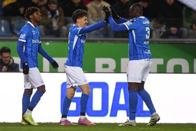 Genk s Konstantinos Kos Karetsas celebrates after scoring during a soccer game between KRC Genk and RSC Anderlecht, in the 1 8 final of the Croky Cup Belgian cup, Thursday 04 December 2025 in Genk. JILLxDELSAUX  x146511512x