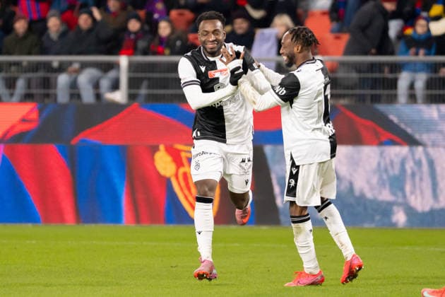 04 12 2025, Basel, St Jakob Park, Swiss Cup FC Grand Saconnex FC Basel, Philip Otele 7 Basel celebrates after scoring Basel St Jakob Park Basel Switzerland Copyright: xJustPictures.ch PascalxvonxBürenx jp-en-PaVoB-_PVB4776B-1
