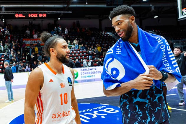 04 12 2025, xomx, Basketball EuroCup, Niners Chemnitz Turk Telekom v l Final score 63 87 KYLE ALEXANDER Turk Telekom Ankara and Kaza Keane Niners Chemnitz Chemnitz