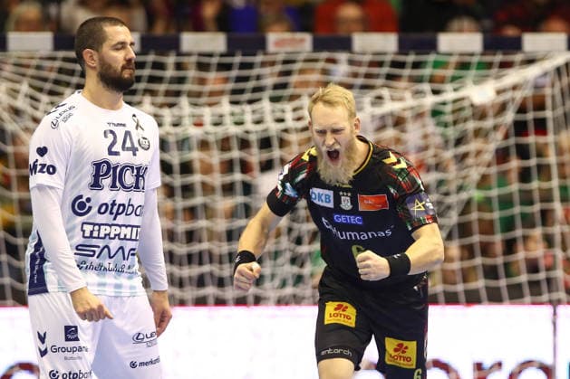 04 12 2025, xtgx, Handball, EHF Champions League, SC Magdeburg Pick Szeged v l Matthias Musche Magdeburg, 6 Jubel, Torjubel, jubelt ueber das Tor, celebrate the goal, celebration Magdeubrg