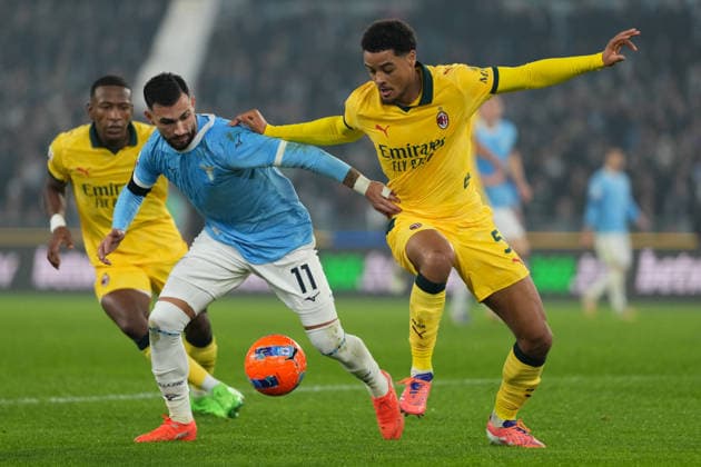 Valentin Mariano Jose Castellanos Gimenez Taty of SS Lazio and Koni De Winter of AC Milan during the Coppa Italia 2025 2026 football match between SS Lazio and AC Milan at Stadio Olimpico in Rome (Italy), December 4, 2025. AntoniettaxBaldassarre