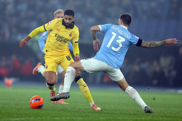 CALCIO - Coppa Italia - SS Lazio vs AC Milan Rome, Italy - December 4, 2025: Ruben Loftus-Cheek of Milan, Alessio Romagnoli of Lazio seen in action during the Coppa Italia 2025-2026 round of 16 - football match between SS Lazio vs AC Milan at Olympic Stadium. Rome Italy  Copyright: xIPAxSport ABACAx