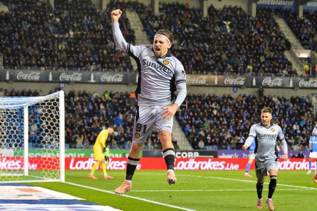 Anderlecht s Adriano Bertaccini celebrates after scoring during a soccer game between KRC Genk and RSC Anderlecht, in the 1 8 final of the Croky Cup Belgian cup, Thursday 04 December 2025 in Genk. JILLxDELSAUX  x146537809x