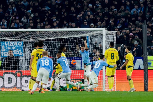 Coppa Italia round of 16 football match SS Lazio vs AC Milan Lazio™s Italian midfielder Mattia Zaccagni celebrates after scoring a goal during Coppa Italia round of 16 football match between SS Lazio vs AC Milan at Olimpico Stadium on December 04, 2025, in Rome. _BPH3413_1 Copyright: xAntonioxBalascox