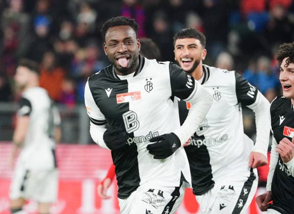 04 12 2025 Basel Switzerland Soccer Men Season 2025 2026 Cup FC Basel FC Grand Saconnex Picture Goal celebration Goalscorer Philip Otele FC Basel Action Cheering