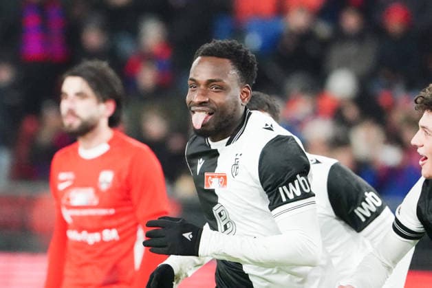 04 12 2025 Basel Switzerland Soccer Men Season 2025 2026 Cup FC Basel FC Grand Saconnex Picture Goal celebration Goalscorer Philip Otele FC Basel Action Cheering