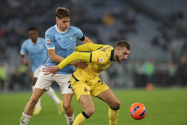 December 4, 2025, Rome, Lazio, Italy: Toma Basic of Lazio Strahinja Pavlovic of Milan during Coppa Italia soccer match round of 16 between SS Lazio and AC Milan at Stadio Olimpico on October 26, 2025 in Rome , Italy. Rome Italy - ZUMAl131 20251204_zsp_l131_037 Copyright: xCiroxDexLucax