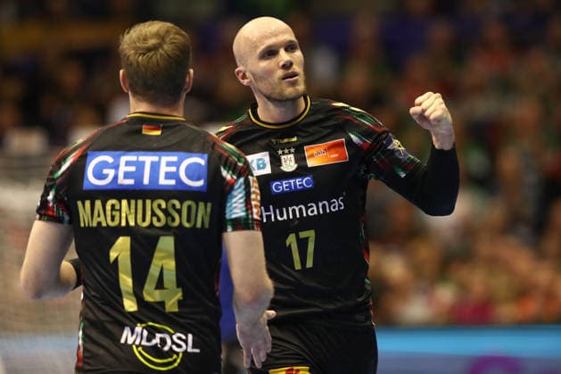 04 12 2025, xtgx, Handball, EHF Champions League, SC Magdeburg Pick Szeged v l Tim Hornke Magdeburg, 17 Jubel, Torjubel, jubelt ueber das Tor, celebrate the goal, celebration Magdeubrg
