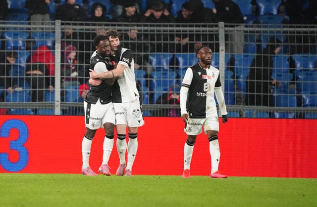 04 12 2025 Basel Switzerland Soccer Men Season 2025 2026 Cup FC Basel FC Grand Saconnex Picture The Goalkeepers Philip Otele ,Moritz Broschinski , Benie Traore FC Basel Action
