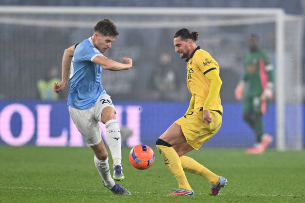 CALCIO - Coppa Italia - SS Lazio vs AC Milan Toma Basic of S.S. Lazio and Adrien Rabiot of A.C. Milan are in action during the round of 16 of the Coppa Italia Frecciarossa between S.S. Lazio and A.C. Milan at the Olympic Stadium on December 4, 2025 in Rome, Italy. Rome Italy  Copyright: xIPAxSport ABACAx