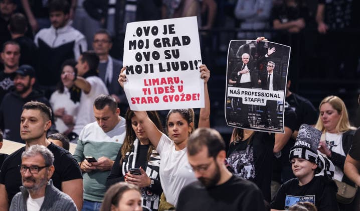 04.12.2025 Belgrade KK Partizan-FC Bayern München Basketball Euroleague men s basketball Partizan fans with pictures support of their ex coach Zeljko Obradovic :Str