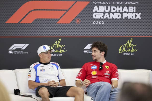 ABU DHABI, UNITED ARAB EMIRATES - DECEMBER 4: Isack Hadjar of France and Visa Cash App RB Formula One Team and Charles Leclerc of Monaco and Scuderia Ferrari attend the press conference, PK, Pressekonferenz during previews ahead of the F1 Grand Prix of Abu Dhabi at Yas Marina Circuit on December 4, 2025 in Abu Dhabi, United Arab Emirates. (Photo by Paddocker)  Copyright: xQIANxJUNxMotorsportxMedia Paddocx Sportspressphoto_SPR70171
