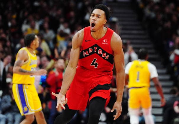 December 4, 2025, Toronto, On, Canada: Toronto Raptors Scottie Barnes (4) celebrates a basket against the Los Angeles Lakers during second half NBA, Basketball Herren, USA basketball action in Toronto on Thursday, Dec. 4, 2025. Canada News - December 4, 2025  - ZUMAc35_ 20251204_zaf_c35_145 Copyright: xFrankxGunnx
