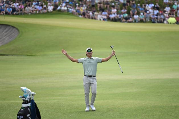 GOLF AUSTRALIAN OPEN, Min Woo Lee of Australia reacts on the 6th hole in round two of the Australian Open Golf tournament at the Royal Melbourne Golf Club in Melbourne, Friday, December 5, 2025. ( NO ARCHIVING, EDITORIAL USE ONLY MELBOURNE VICTORIA AUSTRALIA  Copyright: xJAMESxROSSx 20251205112528038685