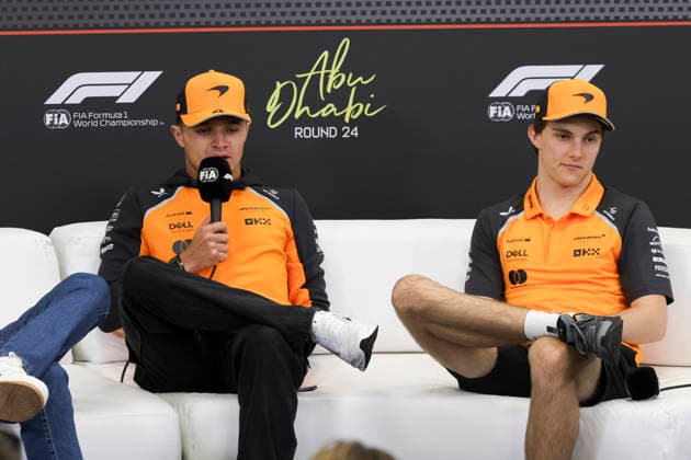 F1 Grand Prix Of Abu Dhabi 2025 - Previews - Press Confernece Lando Norris of the United Kingdom (L) and Oscar Piastri of Australia (R) during a press conference, PK, Pressekonferenz event, the F1 racing drivers of McLaren Formula One team in Yas Marina Circuit ahead of the 2025 Grand Prix of Abu Dhabi. Abu Dhabi, United Arab Emirates on December 4, 2025 Abu Dhabi United Arab Emirates  Copyright: xNicolasxEconomoux originalFilename:economou-notitle251204_npxLI.jpg