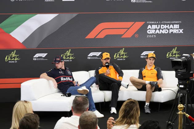 F1 Grand Prix Of Abu Dhabi 2025 - Previews - Press Confernece Max Verstappen of Red Bull Racing (L), Lando Norris (M) and Oscar Piastri (R) of McLaren Formula 1 team during a press conference, PK, Pressekonferenz event in Yas Marina Circuit ahead of the F1 2025 Grand Prix of Abu Dhabi. Abu Dhabi, United Arab Emirates on December 4, 2025 Abu Dhabi United Arab Emirates  Copyright: xNicolasxEconomoux originalFilename:economou-notitle251204_npknA.jpg