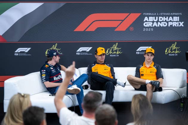 Max Verstappen Oracle Red Bull Racing, Netherlands, 01 , Lando Norris McLaren Formula 1 Team, Great Britain, 04 , Oscar Piastri McLaren Formula 1 Team, Australia, 81 at the press conference, UAE, Formula 1 World Championship, Abu Dhabi Grand Prix, Yas Marina Circuit, Media Day, 04 12 2025 UAE, Formula 1 World Championship, Abu Dhabi Grand Prix, Yas Marina Circuit, Media Day, 04 12 2025 Yas Marina Island Copyright: xEibner-Pressefoto Memmlerx EP_MMR