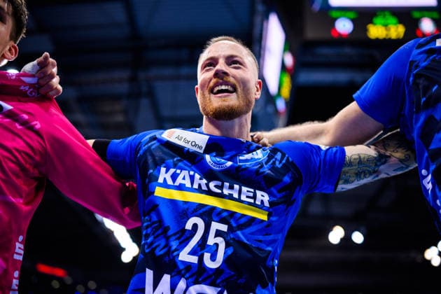 TVB Stuttgart HSG Wetzlar Handball 1 Bundesliga, Men, Season 2025 2026, TVB Stuttgart HSG Wetzlar, Porsche Arena Stuttgarts Patrick Zieker cheers after the match Stuttgart Porsche Arena Baden Württemberg Germany