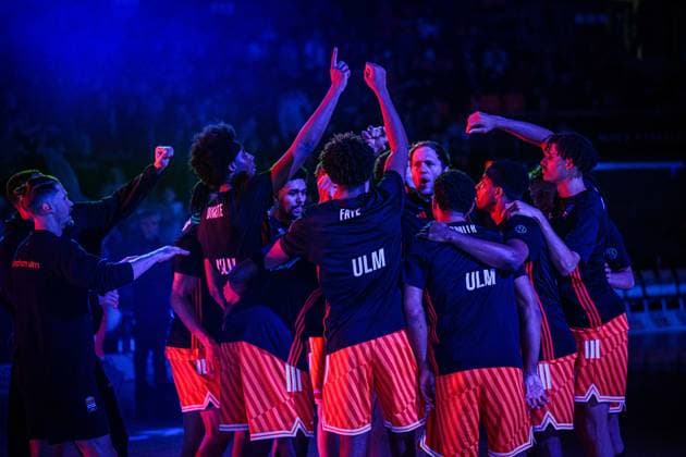 Thomas Klepeisz ratiopharm ulm , Mohamed Diakite ratiopharm ulm , Joel Cwik ratiopharm ulm , Mark Smith ratiopharm ulm , Christian Sengfelder ratiopharm ulm , Justin Simon ratiopharm ulm and Alec Anigbata ratiopharm ulm gestures during the Basketball Eurocup match between ratiopharm ulm and Dolomiti Energia Trento at ratiopharm Arena on December 4, 2025 in Neu Ulm, Germany Photo by Harry Langer DeFodi Images