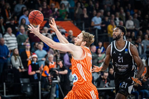 Christian Sengfelder ratiopharm ulm and Selom Mawugbe Dolomiti Energia Trento battle for the ball during the Basketball Eurocup match between ratiopharm ulm and Dolomiti Energia Trento at ratiopharm Arena on December 4, 2025 in Neu Ulm, Germany Photo by Harry Langer DeFodi Images