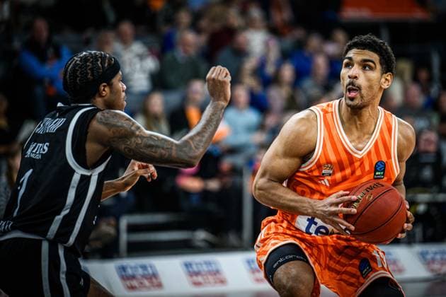 DJ Steward Dolomiti Energia Trento and Mark Smith ratiopharm ulm battle for the ball during the Basketball Eurocup match between ratiopharm ulm and Dolomiti Energia Trento at ratiopharm Arena on December 4, 2025 in Neu Ulm, Germany Photo by Harry Langer DeFodi Images