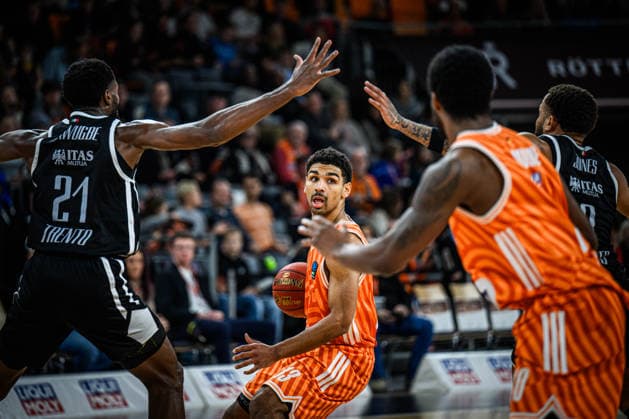 Selom Mawugbe Dolomiti Energia Trento , Mark Smith ratiopharm ulm , Malik Osborne ratiopharm ulm and Devante Jones Dolomiti Energia Trento battle for the ball during the Basketball Eurocup match between ratiopharm ulm and Dolomiti Energia Trento at ratiopharm Arena on December 4, 2025 in Neu Ulm, Germany Photo by Harry Langer DeFodi Images