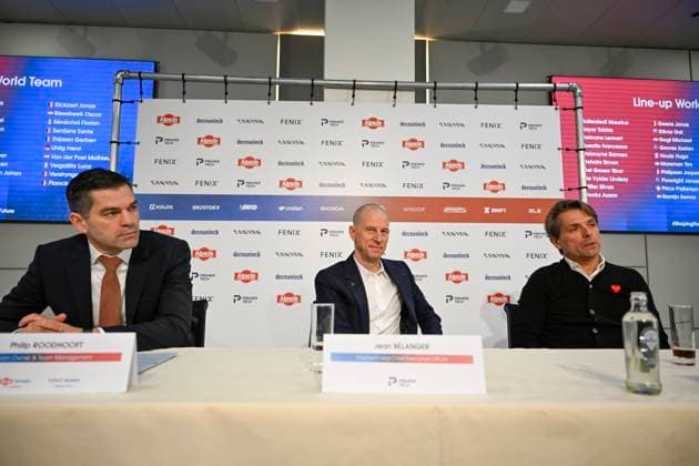 PC announcing Alpecin - Premier Tech - 05 12 2025 ANTWERPEN, BELGIUM - DECEMBER 05 : Roodhooft Christoph (BEL) Sports Director of Alpecin-Deceuninck, Roodhooft Philip (BEL) General manager of Alpecin-Deceuninck and Belanger Jean, President of Premier Tech talking to the press during a press conference, PK, Pressekonferenz announcing Premier Tech as new partner and transfer news in the Crelan - headquarters Antwerpen on December 05, 2025 in Antwerpen, Belgium, 05 12 2025 Antwerpen Belgium  Copyright: xNicoxVereeckenx