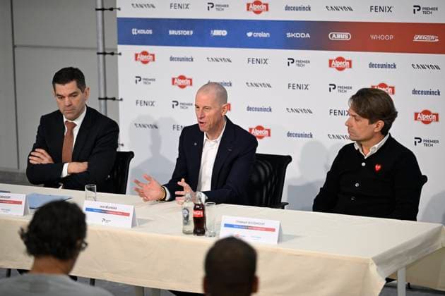 PC announcing Alpecin - Premier Tech - 05 12 2025 ANTWERPEN, BELGIUM - DECEMBER 05 : Roodhooft Christoph (BEL) Sports Director of Alpecin-Deceuninck, Roodhooft Philip (BEL) General manager of Alpecin-Deceuninck and Belanger Jean, President of Premier Tech talking to the press during a press conference, PK, Pressekonferenz announcing Premier Tech as new partner and transfer news in the Crelan - headquarters Antwerpen on December 05, 2025 in Antwerpen, Belgium, 05 12 2025 Antwerpen Belgium  Copyright: xNicoxVereeckenx