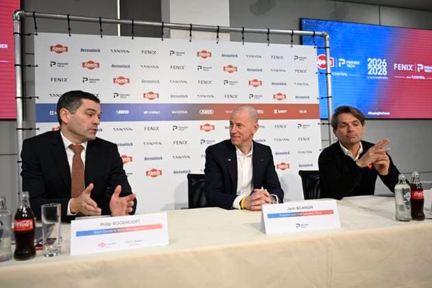 PC announcing Alpecin - Premier Tech - 05 12 2025 ANTWERPEN, BELGIUM - DECEMBER 05 : Roodhooft Christoph (BEL) Sports Director of Alpecin-Deceuninck, Roodhooft Philip (BEL) General manager of Alpecin-Deceuninck and Belanger Jean, President of Premier Tech talking to the press during a press conference, PK, Pressekonferenz announcing Premier Tech as new partner and transfer news in the Crelan - headquarters Antwerpen on December 05, 2025 in Antwerpen, Belgium, 05 12 2025 Antwerpen Belgium  Copyright: xNicoxVereeckenx