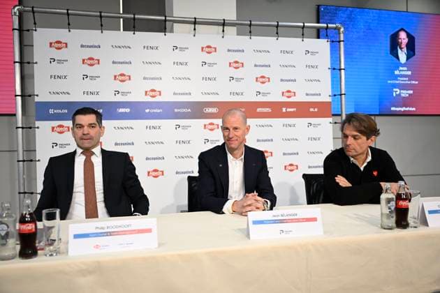 PC announcing Alpecin - Premier Tech - 05 12 2025 ANTWERPEN, BELGIUM - DECEMBER 05 : Roodhooft Christoph (BEL) Sports Director of Alpecin-Deceuninck, Roodhooft Philip (BEL) General manager of Alpecin-Deceuninck and Belanger Jean, President of Premier Tech talking to the press during a press conference, PK, Pressekonferenz announcing Premier Tech as new partner and transfer news in the Crelan - headquarters Antwerpen on December 05, 2025 in Antwerpen, Belgium, 05 12 2025 Antwerpen Belgium  Copyright: xNicoxVereeckenx