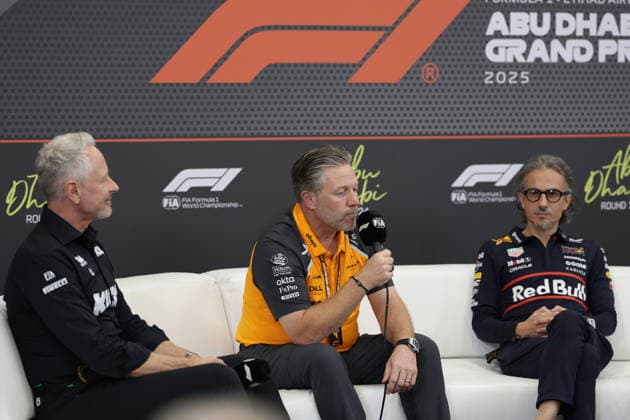 05 12 2025, Yas Marina Circuit, Abu Dhabi, Formula 1 Etihad Airways Abu Dhabi Grand Prix 2025 , pictured Team Principal Jonathan Wheatley Alfa Romeo F1 Team Stake , Managing Director Zak Brown McLaren Formula 1 Team , Team Principal Laurent Mekies Oracle Red Bull Racing Photo by Hasan Bratic DeFodi Images
